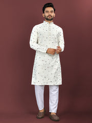 White Wedding Mens Kurta Pajama In Silky Silk With Multi Embroidery Flower Work