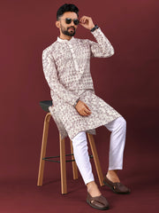 White Wedding Kurta Pajama For Men With Maroon Thread Lucknowi And Sequence Work