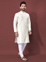Heavy Work Men's Kurta Pajama In White Soft Silk With Sequence Embroidery