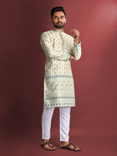 Off White Wedding Mens Kurta Pajama In Jacquard With Heavy Embossed Work