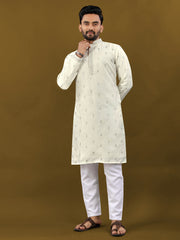 Cream Color Matka Silk With Zari Work Men's Kurta And Pajama