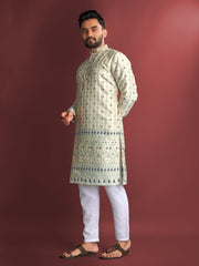 Off White Wedding Mens Kurta Pajama In Jacquard With Heavy Embossed Work