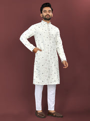 White Wedding Mens Kurta Pajama In Silky Silk With Multi Embroidery Flower Work