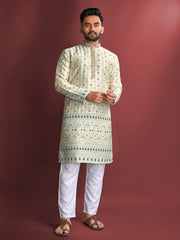 Off White Wedding Mens Kurta Pajama In Jacquard With Heavy Embossed Work