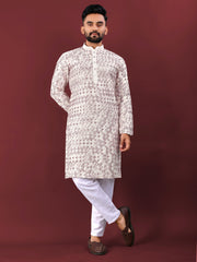 White Wedding Kurta Pajama For Men With Maroon Thread Lucknowi And Sequence Work