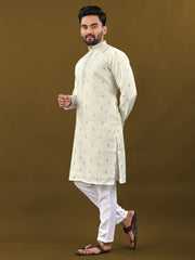 Cream Color Matka Silk With Zari Work Men's Kurta And Pajama