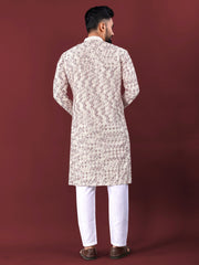 White Wedding Kurta Pajama For Men With Maroon Thread Lucknowi And Sequence Work
