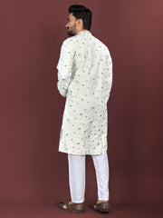 White Wedding Mens Kurta Pajama In Silky Silk With Multi Embroidery Flower Work