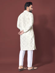 Heavy Work Men's Kurta Pajama In White Soft Silk With Sequence Embroidery