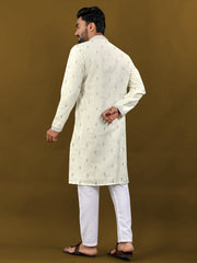 Cream Color Matka Silk With Zari Work Men's Kurta And Pajama