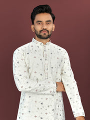 White Wedding Mens Kurta Pajama In Silky Silk With Multi Embroidery Flower Work