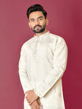 Off White Color Men's Kurta Pajama Set In Roman Silk With Val Moti Hand Work