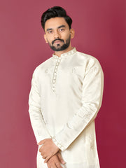 Off White Color Men's Kurta Pajama Set In Roman Silk With Val Moti Hand Work