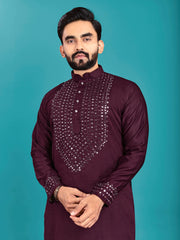 Wine Color Men's Kurta Pajama Set In Soft Silk With Real Mirror Work On Neck