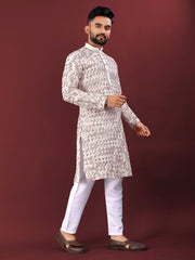 White Wedding Kurta Pajama For Men With Maroon Thread Lucknowi And Sequence Work