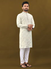 Cream Color Matka Silk With Zari Work Men's Kurta And Pajama