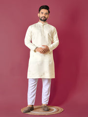 Off White Color Men's Kurta Pajama Set In Roman Silk With Val Moti Hand Work