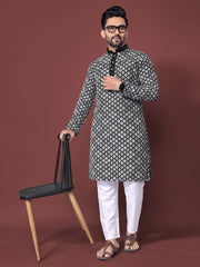 Heavy Work Men's Kurta Pajama In Black Soft Silk With Sequence Embroidery