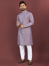 Purple Wedding Mens Kurta Pajama In Silky Silk With Multi Embroidery Flower Work
