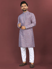 Purple Wedding Mens Kurta Pajama In Silky Silk With Multi Embroidery Flower Work