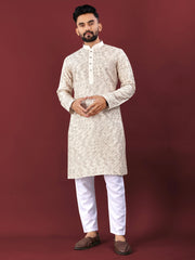 White Wedding Kurta Pajama For Men With Mustard Thread Lucknowi And Sequence Work