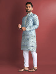 Sky Color Wedding Mens Kurta Pajama In Jacquard With Heavy Embossed Work
