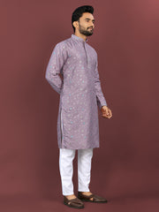 Purple Wedding Mens Kurta Pajama In Silky Silk With Multi Embroidery Flower Work