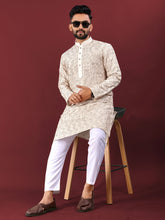 White Wedding Kurta Pajama For Men With Mustard Thread Lucknowi And Sequence Work