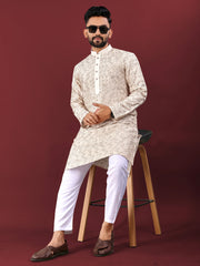 White Wedding Kurta Pajama For Men With Mustard Thread Lucknowi And Sequence Work