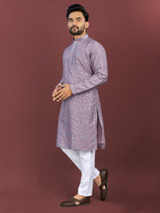 Purple Wedding Mens Kurta Pajama In Silky Silk With Multi Embroidery Flower Work