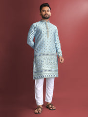 Sky Color Wedding Mens Kurta Pajama In Jacquard With Heavy Embossed Work