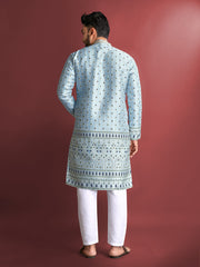Sky Color Wedding Mens Kurta Pajama In Jacquard With Heavy Embossed Work