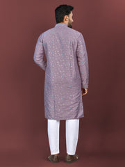 Purple Wedding Mens Kurta Pajama In Silky Silk With Multi Embroidery Flower Work