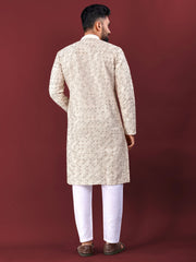White Wedding Kurta Pajama For Men With Mustard Thread Lucknowi And Sequence Work