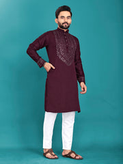 Wine Color Men's Kurta Pajama Set In Soft Silk With Real Mirror Work On Neck