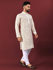 White Wedding Kurta Pajama For Men With Mustard Thread Lucknowi And Sequence Work