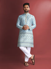 Sky Color Wedding Mens Kurta Pajama In Jacquard With Heavy Embossed Work