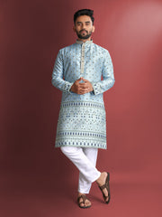Sky Color Wedding Mens Kurta Pajama In Jacquard With Heavy Embossed Work