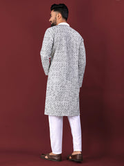 White Wedding Kurta Pajama For Men With Black Thread Lucknowi And Sequence Work