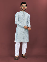 Sky Wedding Mens Kurta Pajama In Silky Silk With Multi Embroidery Flower Work