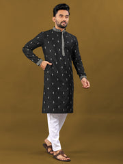 Black Color Matka Silk With Zari Work Men's Kurta With Pajama Set