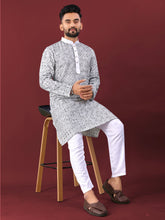 White Wedding Kurta Pajama For Men With Black Thread Lucknowi And Sequence Work