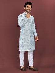 Sky Wedding Mens Kurta Pajama In Silky Silk With Multi Embroidery Flower Work