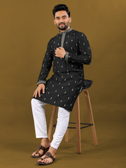 Black Color Matka Silk With Zari Work Men's Kurta With Pajama Set