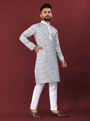 White Wedding Kurta Pajama For Men With Black Thread Lucknowi And Sequence Work