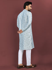 Sky Wedding Mens Kurta Pajama In Silky Silk With Multi Embroidery Flower Work