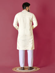 Off White Color Men's Kurta Pajama Set In Roman Silk With Val Moti Hand Work