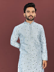 Sky Wedding Mens Kurta Pajama In Silky Silk With Multi Embroidery Flower Work