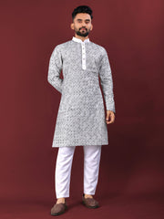White Wedding Kurta Pajama For Men With Black Thread Lucknowi And Sequence Work