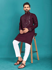 Wine Color Men's Kurta Pajama Set In Soft Silk With Real Mirror Work On Neck